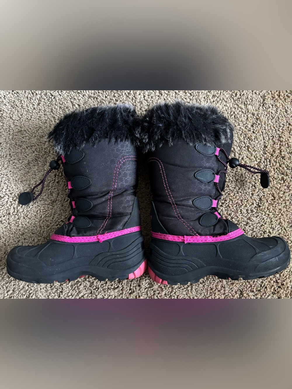 Kids Black and Pink Faux-Fur Snow Boots